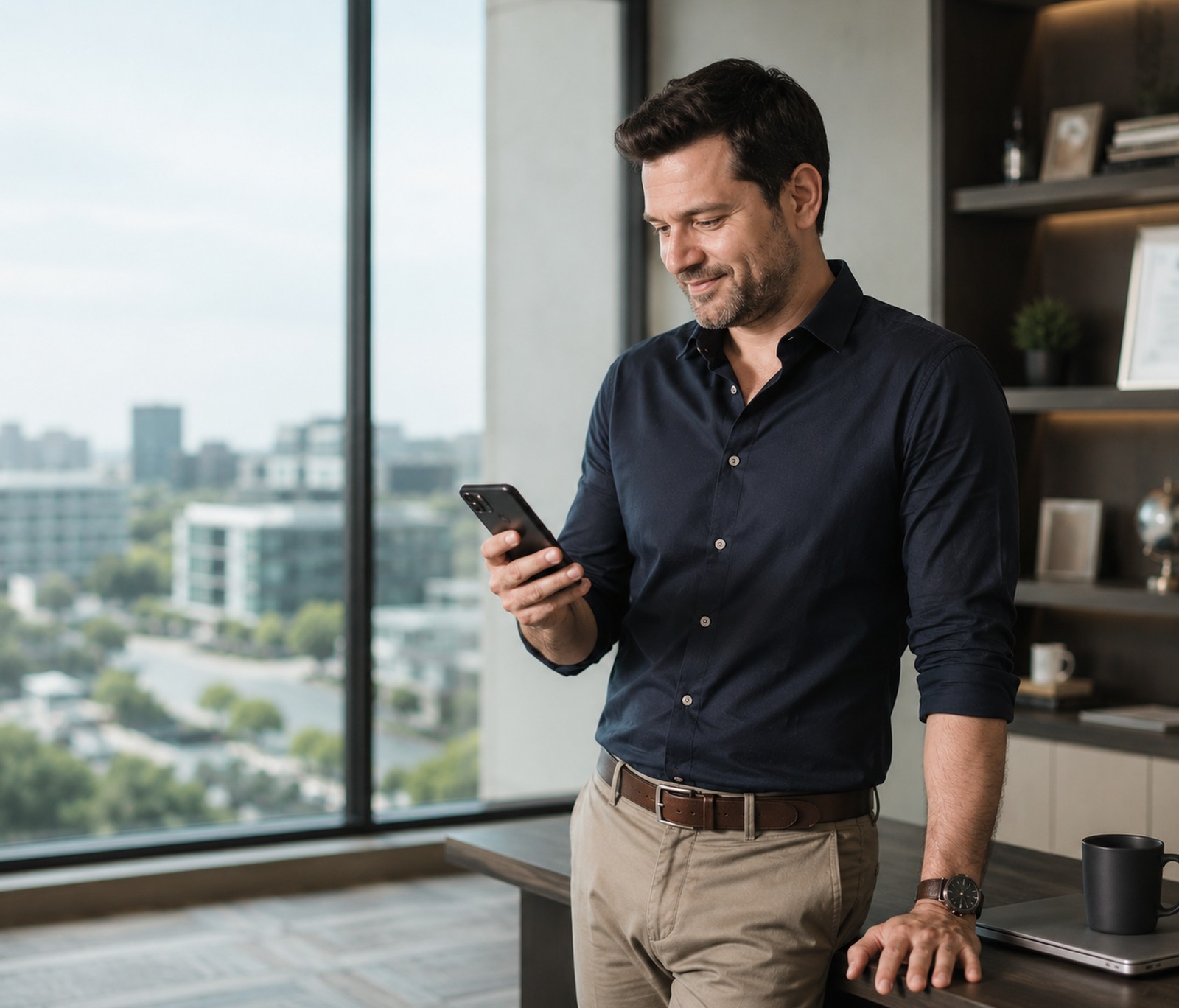 Business owner reviewing a client enquiry on his phone in a modern office