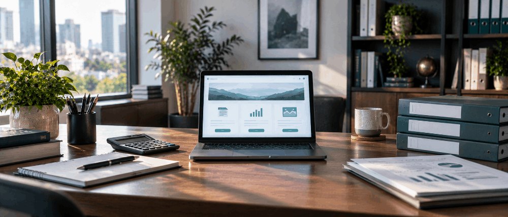 Accounting firm desk with a laptop showing an article page
