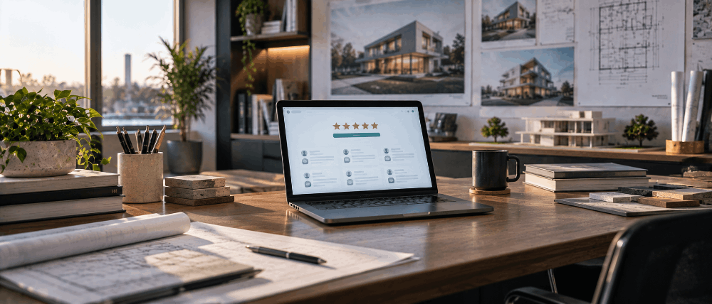 Architecture studio desk with a laptop showing a review summary page