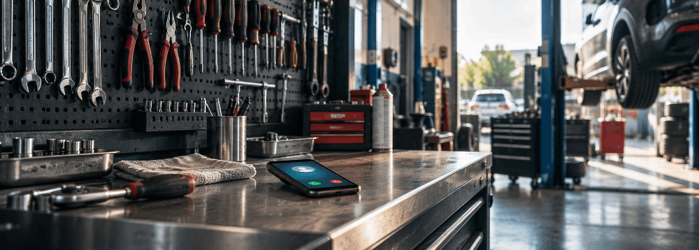 Auto service bay with a phone showing an incoming call notification