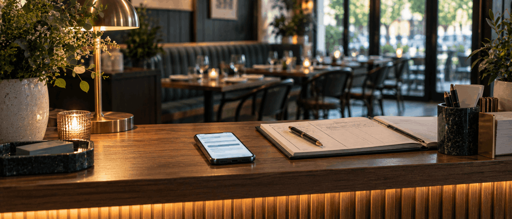 Bistro host stand with a phone showing a text message notification