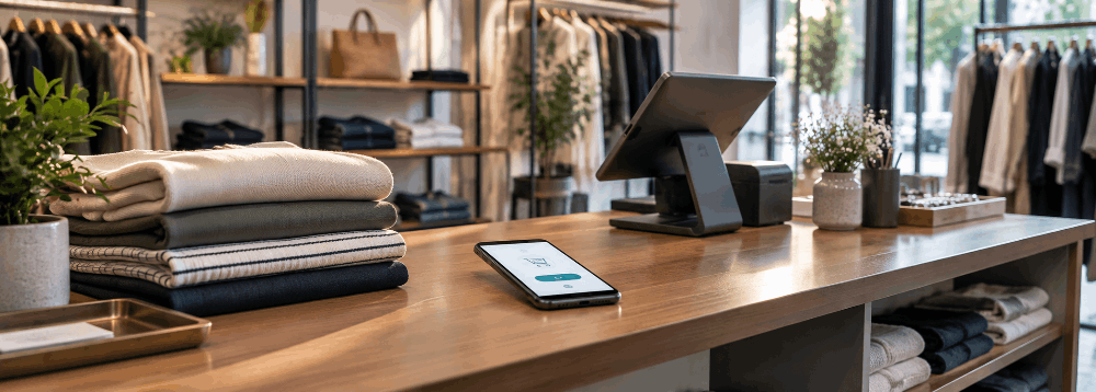 Boutique apparel checkout counter with a phone showing a mobile checkout screen