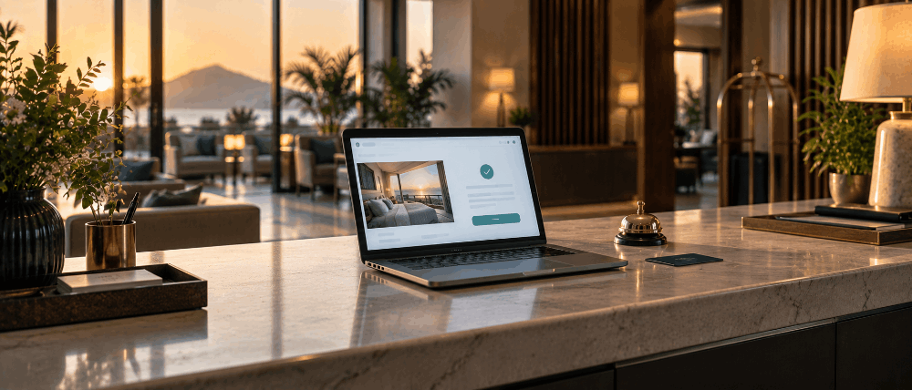 Hotel front desk with a laptop showing a booking confirmation screen