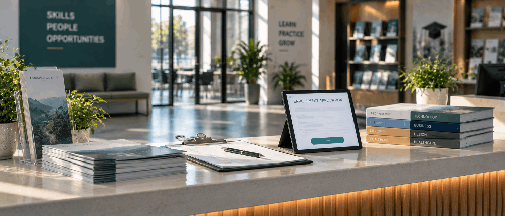 Career institute front desk with a tablet showing an enrollment application screen