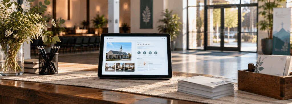 Church lobby welcome table with a tablet showing a corrected Google Business Profile listing