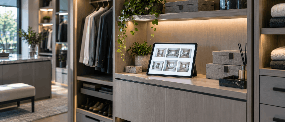 Custom closet installation with a tablet showing a portfolio gallery page