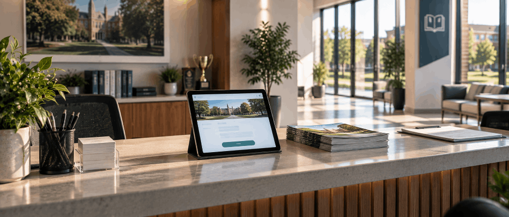 School front office desk with a tablet showing an admissions inquiry form