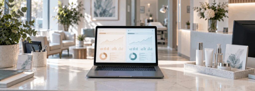 Dermatology clinic reception desk with a laptop showing two paid media campaign dashboards