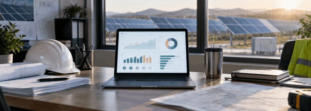 EPC site office desk with a laptop showing a multi-channel attribution dashboard, solar array visible through the window