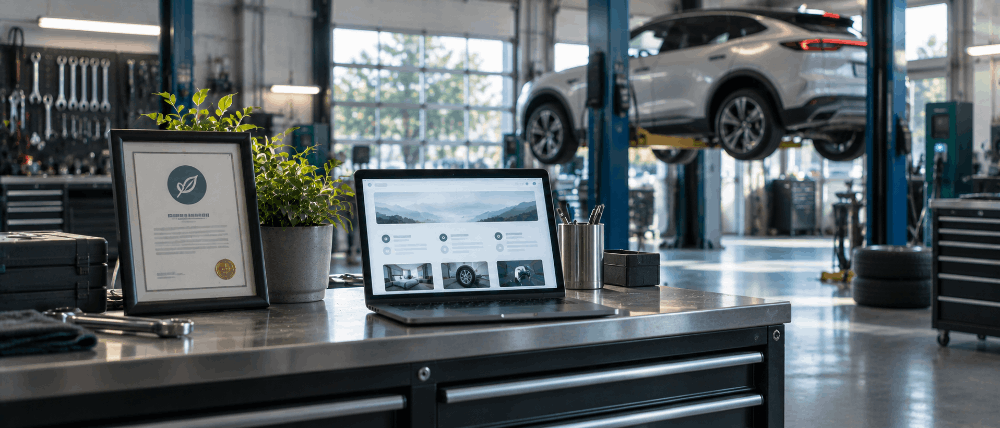 Auto repair bay with an EV on a lift and a laptop on a workbench