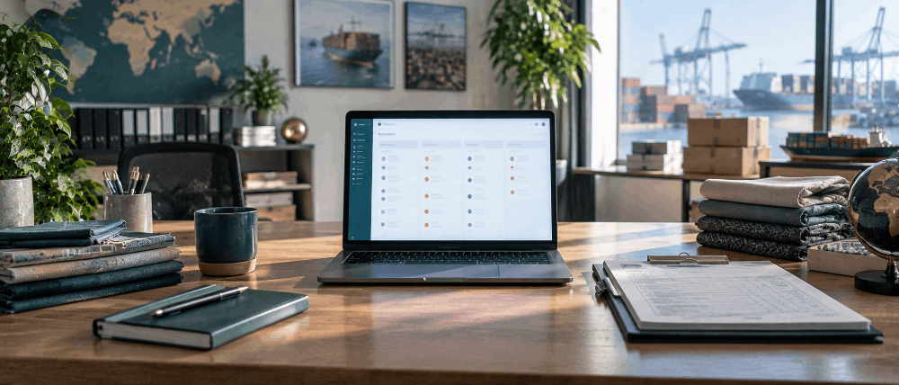 Export office desk with a laptop showing a CRM pipeline screen
