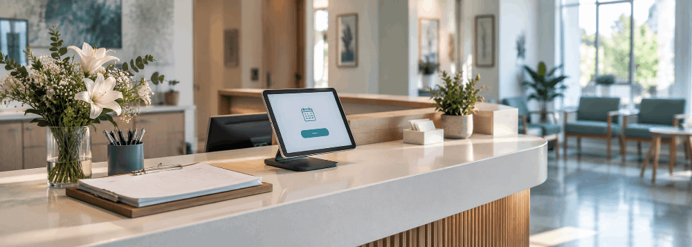 Clinic reception counter with a tablet showing a one-tap booking screen