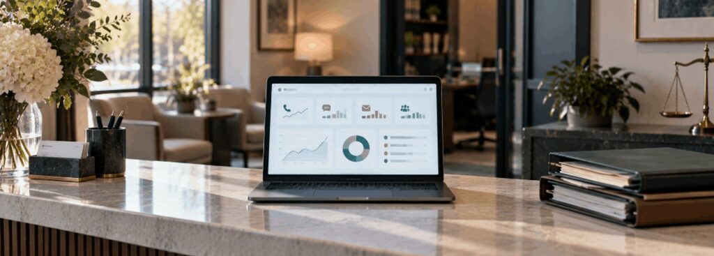 Boutique law firm reception desk with a laptop showing an intake dashboard and call-tracking summary
