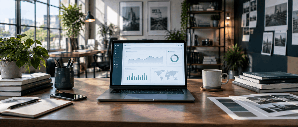 Studio office desk with a laptop showing a marketing analytics dashboard