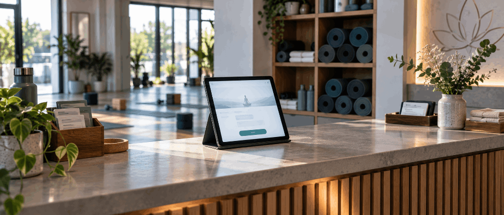 Fitness studio reception counter with a tablet showing a booking screen
