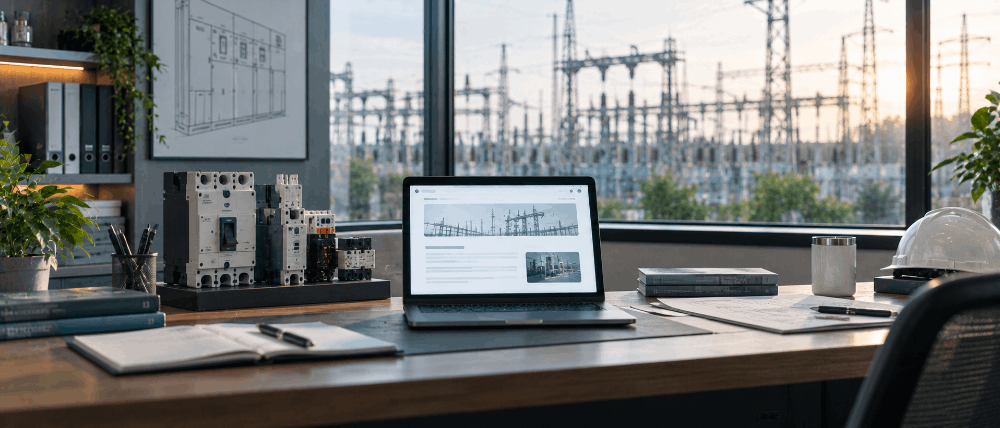 Engineering office desk with switchgear samples and a laptop showing a technical article page