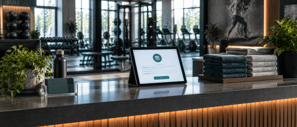 Gym front desk with a tablet showing a membership renewal reminder
