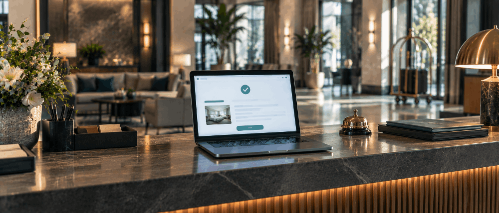 Hotel lobby reception desk with a laptop showing a booking confirmation screen