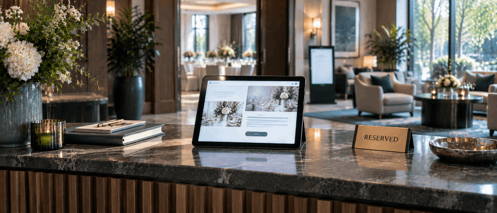 Hotel lounge reception nook with a tablet showing an event landing page