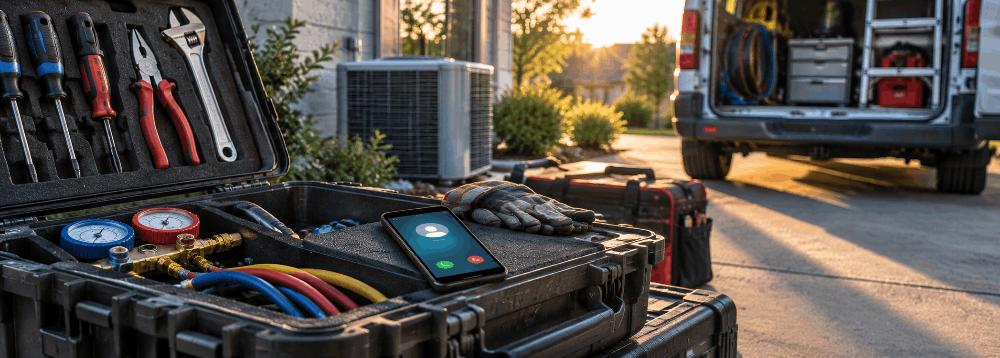 HVAC service van equipment case with a phone showing an incoming call