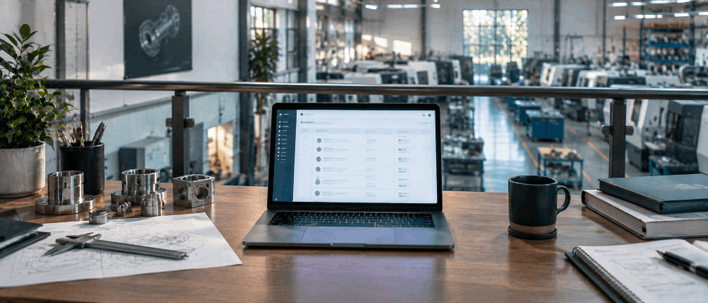 Manufacturing mezzanine office desk with a laptop showing a target account list screen