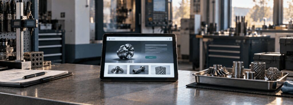 Precision machine shop quality-control bench with a tablet showing a dedicated product-launch landing page