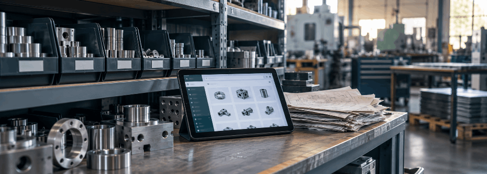 Metal fabrication shop shelving with a tablet showing a searchable product catalog