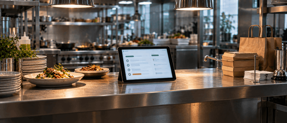 Restaurant kitchen pass counter with a tablet showing a delivery order dashboard