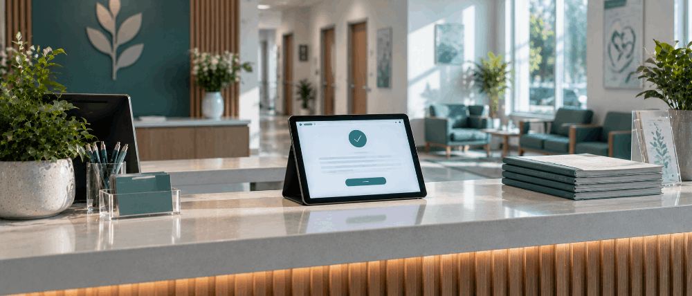 Clinic reception desk with a tablet showing a branded appointment confirmation screen