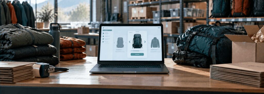 Outdoor-gear warehouse packing table with a laptop showing a dynamic retargeting ad preview