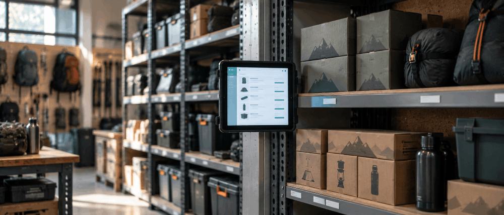 Retail stockroom shelf with a tablet showing a real-time inventory count screen