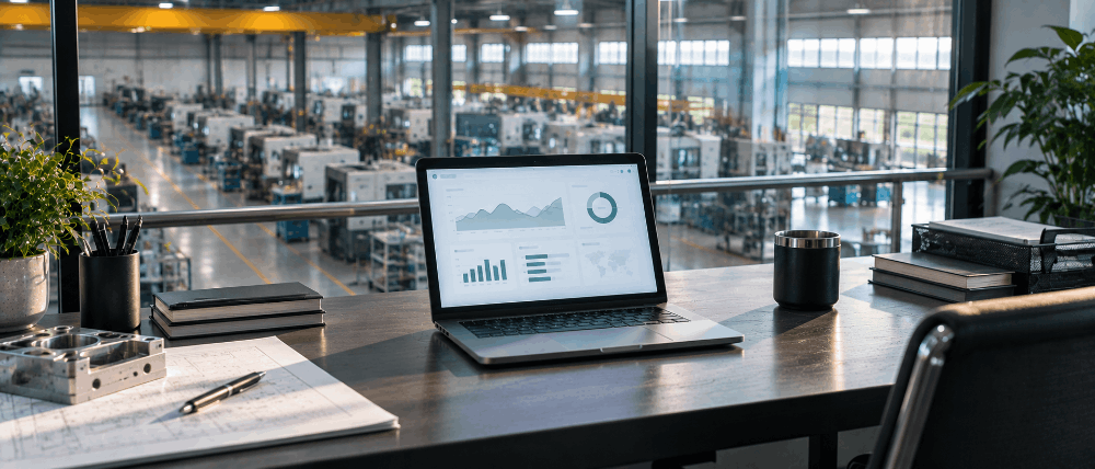 Manufacturing mezzanine office desk with a laptop showing an analytics dashboard