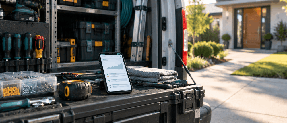 Home-services van equipment case with a phone showing a search ranking dashboard