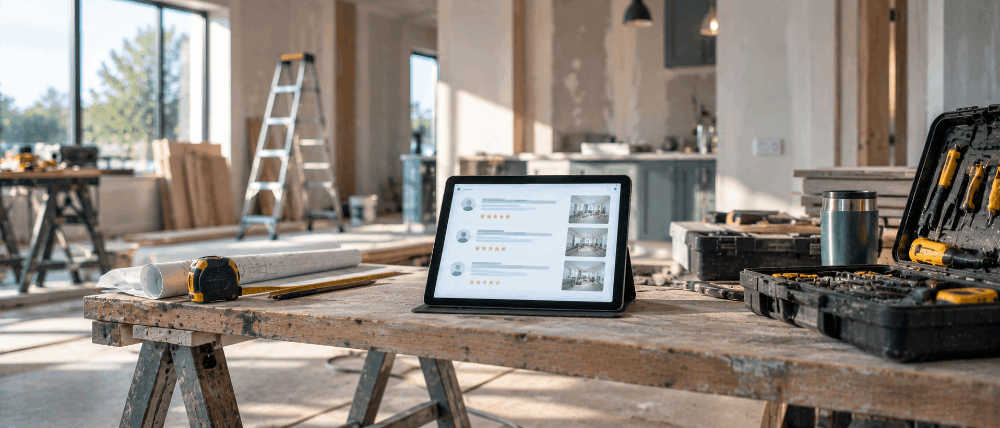 Renovation site with a tablet showing a five-star review screen