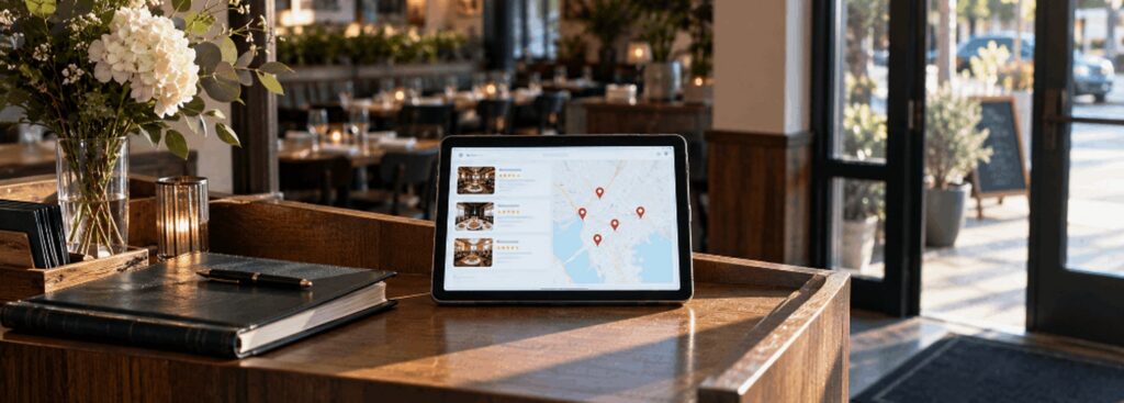 Restaurant host stand with a tablet showing a Google Maps-style local pack view