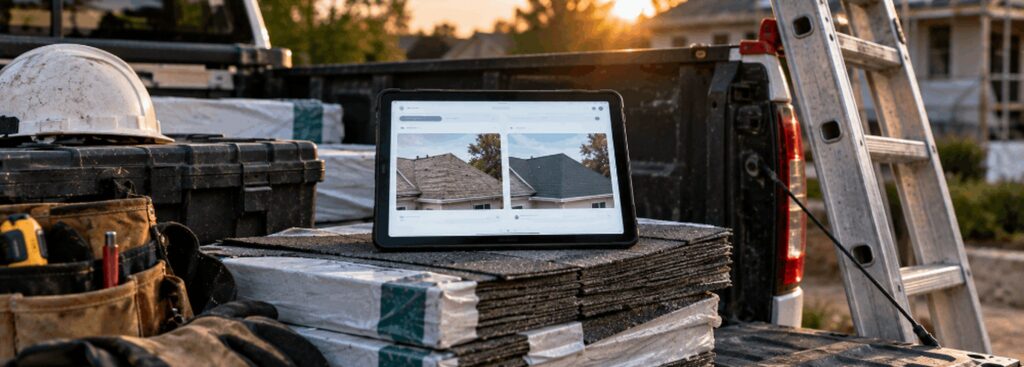 Roofing contractor's truck tailgate with a tablet showing a fast-loading before-and-after photo gallery