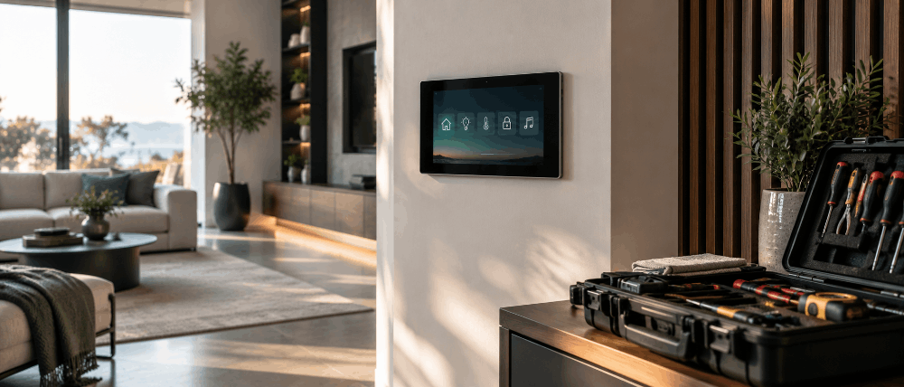 Smart-home control panel glowing on a living room wall