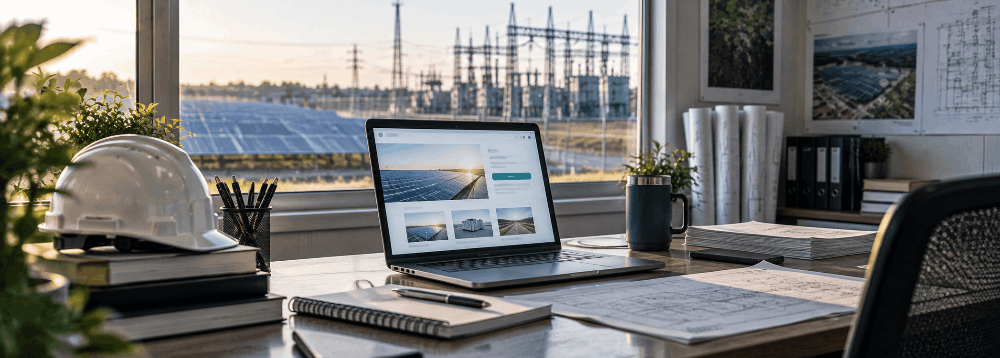 Solar EPC site office desk with a laptop showing a project proposal page