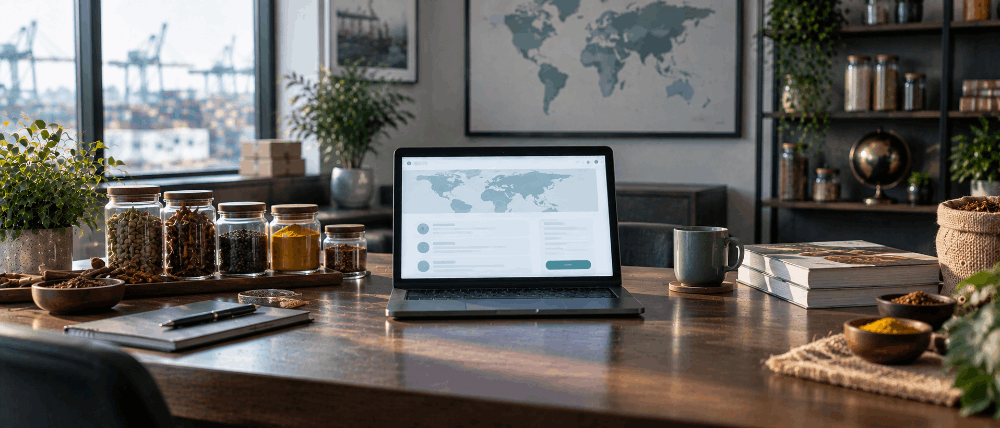 Export office desk with specialty food samples and a laptop showing a buyer inquiry page