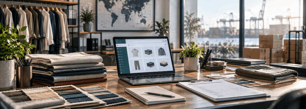 Export office desk with fabric samples and a laptop showing a product catalog page