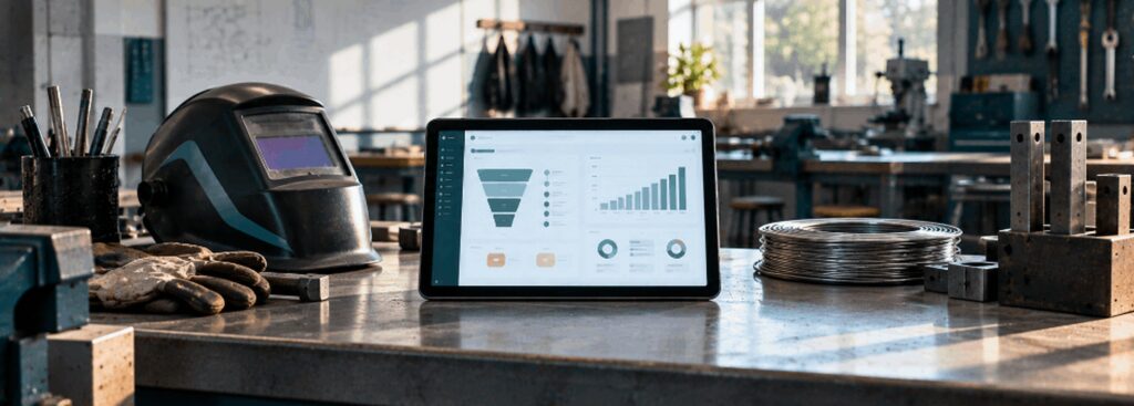 Career-institute workshop nook with a tablet showing an enrollment funnel dashboard