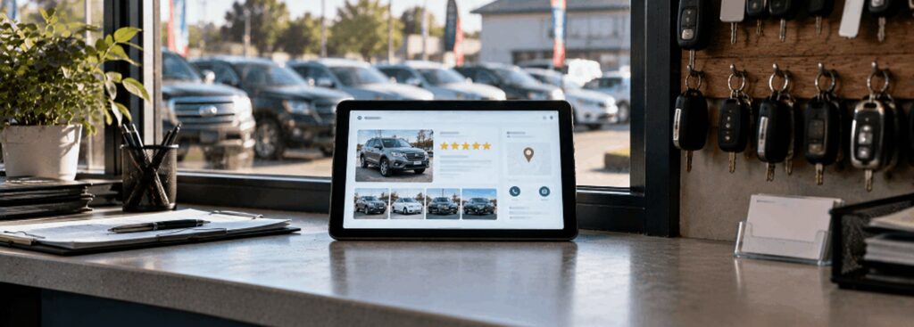 Used-car lot sales-office window ledge with a tablet showing a rebuilt Google Business Profile listing