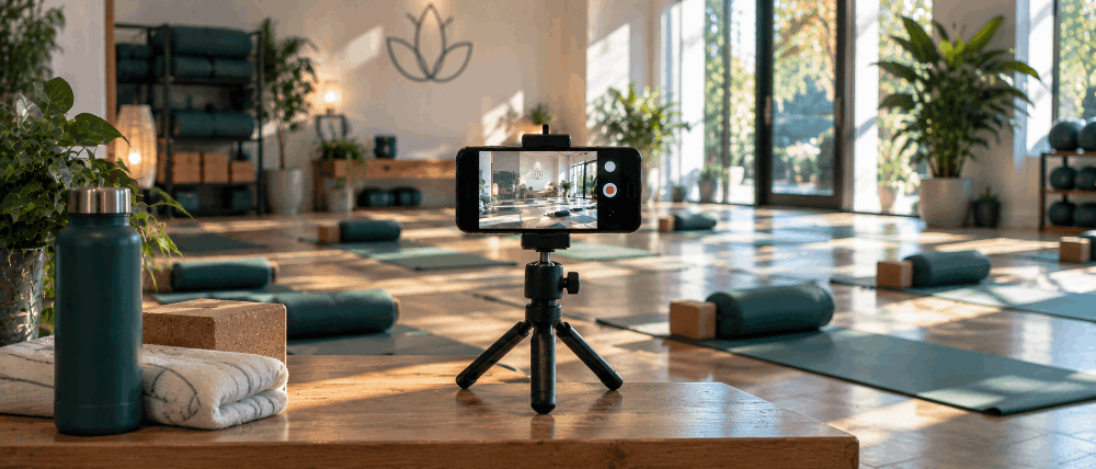Fitness studio with a phone on a tripod showing a recording screen