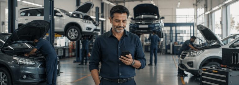Auto service center owner checking a customer inquiry on his phone in the service bay