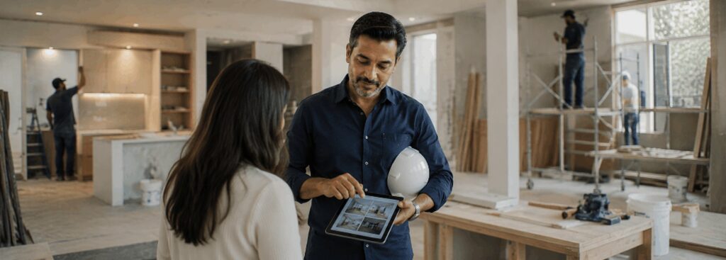 Renovation company owner reviewing project photos on a tablet with a client on site