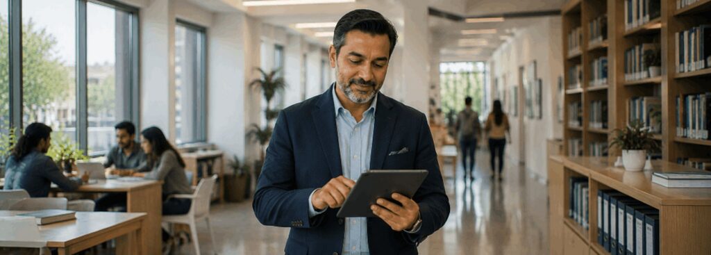 School director reviewing an admissions inquiry on a tablet in a campus corridor