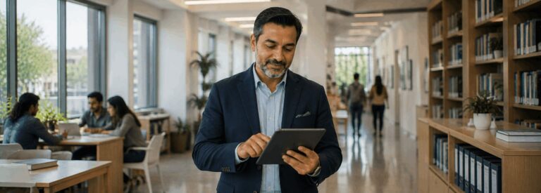 School director reviewing an admissions inquiry on a tablet in a campus corridor