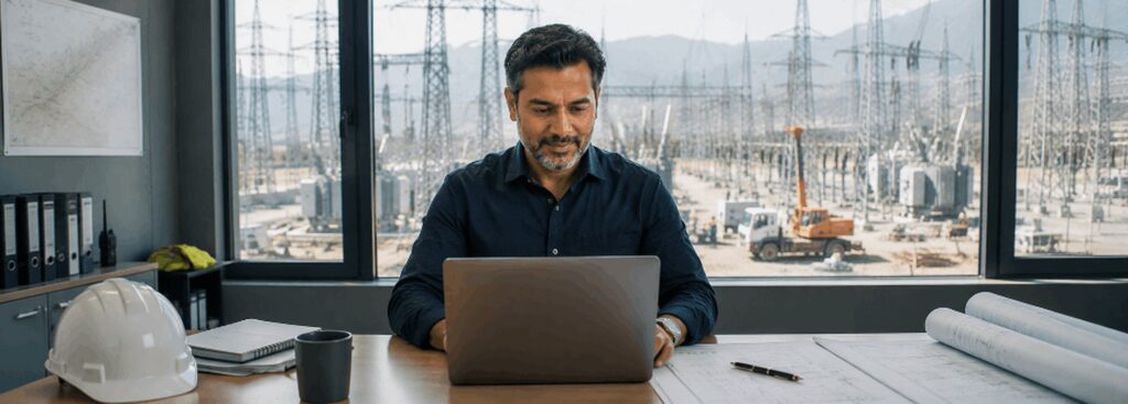 EPC company owner reviewing a laptop in a site office overlooking an infrastructure project