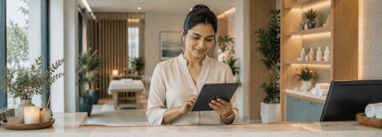 Boutique wellness studio owner reviewing a booking notification at the reception desk