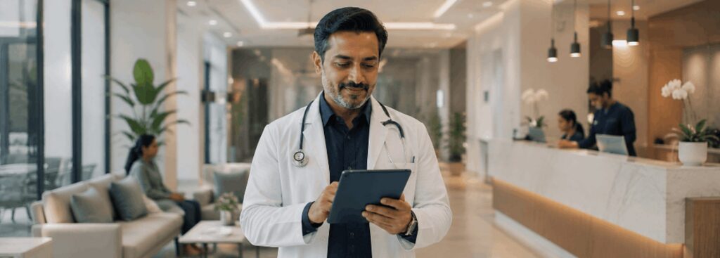 Multi-specialty clinic medical director reviewing the day's appointment schedule on a tablet